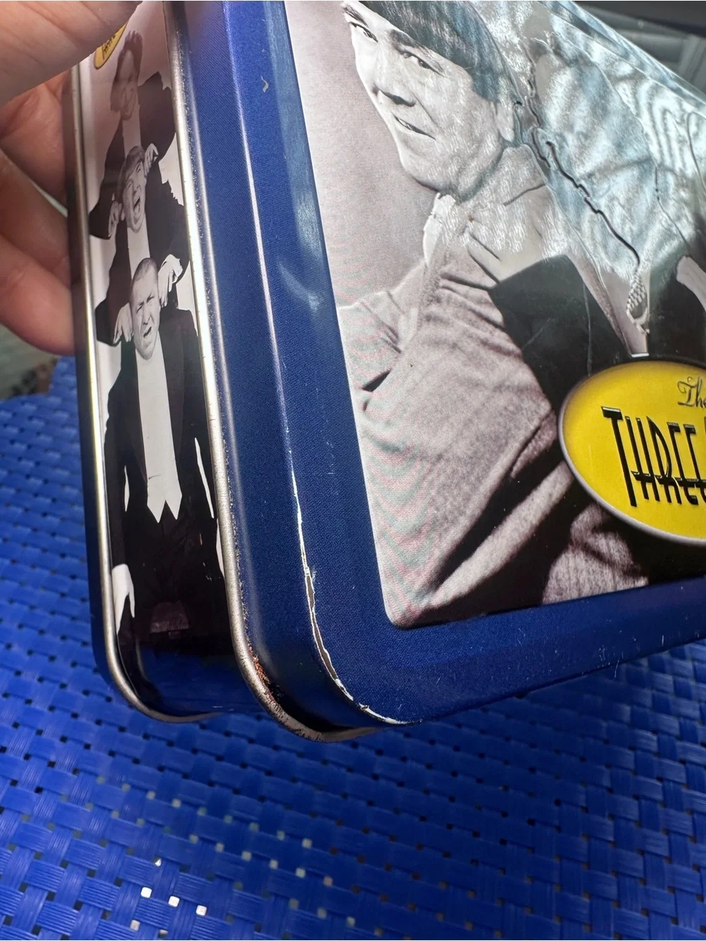 Vintage-style Blue Metal Lunchbox with Classic Comedy Artwork